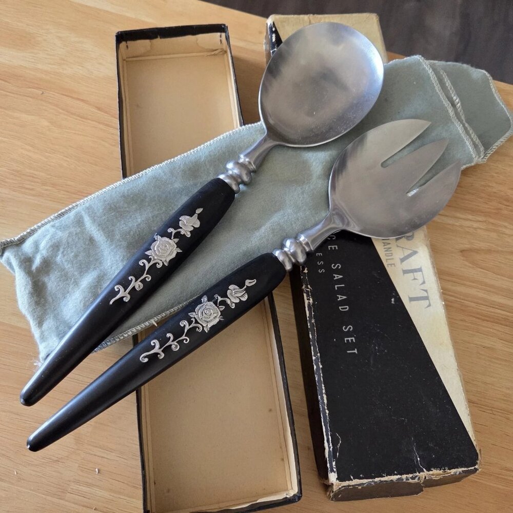 Guildcraft Stainless Rose Inlay Ebony Handles Hand Crafted Forged 2-PC Salad Set